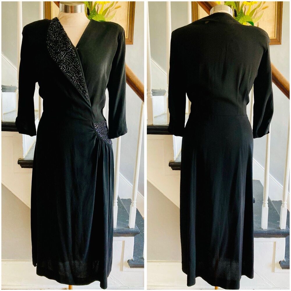 1940s WWII Era Draped Little Black Dress With Beadwork Swing Rayon Rockabilly